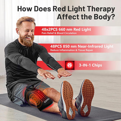Red Light Therapy Knee Brace&Vibration Knee Massage for Pain Relief, 660Nm&850Nm Rechargeable near Infrared Light Therapy Device for Knee/Elbow/Shoulder Faster Recovery for Cordless Use